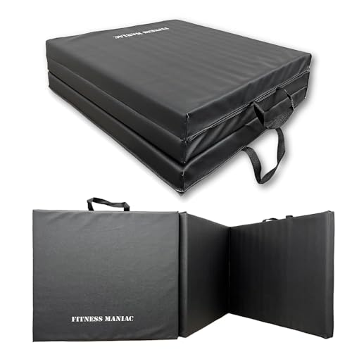 Fitness Maniac Tri-Fold Folding Exercise Mat - Thick and High-Density Firm Mat with Carrying Handles for MMA, Gymnastics, Stretching, Core Workouts - Black Gym Mat for Home Fitness
