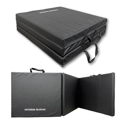 Fitness Maniac Tri-Fold Folding Exercise Mat - Thick and High-Density Firm Mat with Carrying Handles for MMA, Gymnastics, Stretching, Core Workouts - Black Gym Mat for Home Fitness