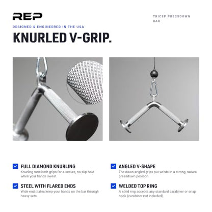 REP Fitness LAT Pulldown and Low Row Cable Machine Attachments and Functional Trainer Attachments – Curl Bar, D-Handle, Ankle Cuff, Tricep Rope, Sports Handle, Straight Bar, Row, Chinning Triangle - style: Tricep Pressdown Bar