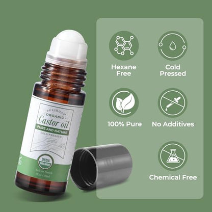 Castor Oil Roll on for Face Eye Hair Scalp Eyebrow, Under Eye Roller, Certified Organic Castor Oil Roller Stick Glass Bottle, Pure Cold Pressed Body Oil - 1fl.oz Small Roller