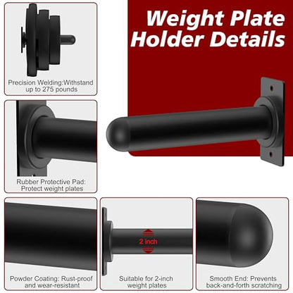 4 Pack Wall Mounted Weight Plate Holder and 1 Pack 2 Hooks Barbell Hanger, Weight Plate Holder for 2" Weight Plates, Vertical Barbell Holder With Protective Rubber Pad for Garage Home Gym
