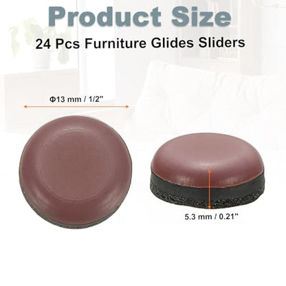 MECCANIXITY 24 Pcs Stick Furniture Sliders, 1/2" Chair Slider Furniture Sliding Pads Round Reusable Glides Glider for Carpeted Tile Vinyl Hardwood Floors Moving Protectors, Brown