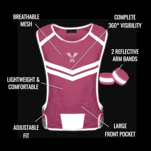 Reflective Running Vest with Pocket & 2 Bands with High visibility for Night Running, Walking & Cycling - color: Pink, size: Small