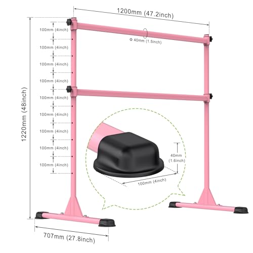 Dolibest Freestanding Ballet Bar, Height Adjustable Ballet Bar, Heavy Duty Dance Bar, with Non-Slip Rubber Pads, Enhanced Stability, Dance/Yoga/Fitness Stretching Bar, Ideal for Kids and Adults - color: Pink- 4ft Steel Cross Bar
