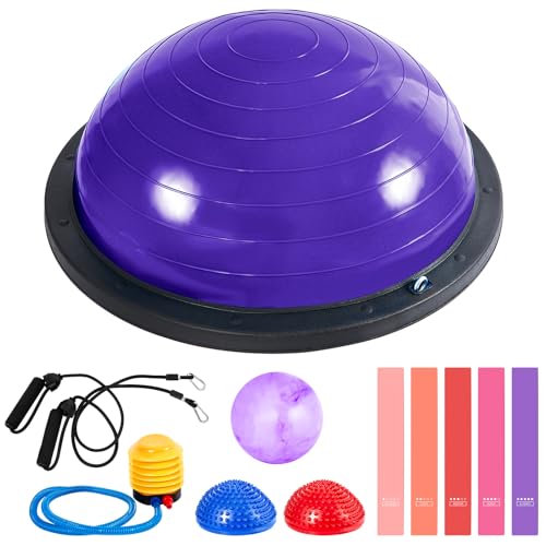 Honoson Half Ball Trainer Yoga Ball with Resistant Band Foot Pump Set, Half Exercise with Fitness Elastic Belt Hedgehog Balance Pods for Core Stability Full Body Workout Gym - color: Purple, size: 23.2 Inch