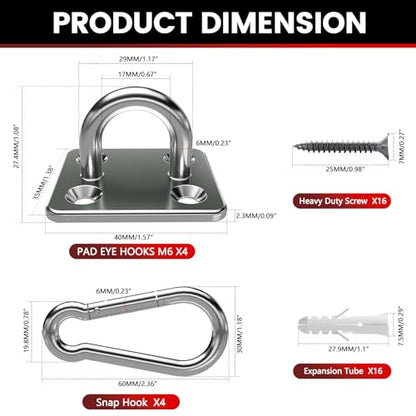 sprookber 304 Stainless Steel Pad Eye Snap Hook, M6 Ceiling Hook 800Lb,8Pcs - size: 2.3 inch, style: Square