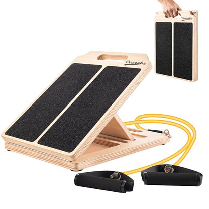 Wooden Slant Board for Calf Stretching, Adjustable Portable Incline Board with 10 - pound Pull Rope, Comes with Training Poster, 300 Lbs Weight Capacity for Leg, Knees and Ankle Stretching