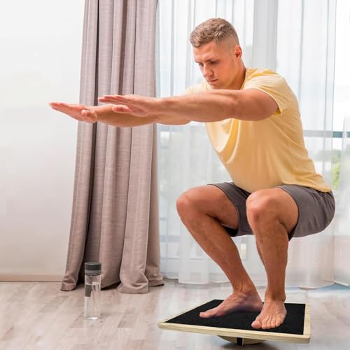Wooden Wobble Board, Anti Fatigue Nonslip Board, 15 Inches Stability Boards with Ergonomic Tilt Angle, Textured Balancing Exercise for Improving Balance, and Strengthening Cores