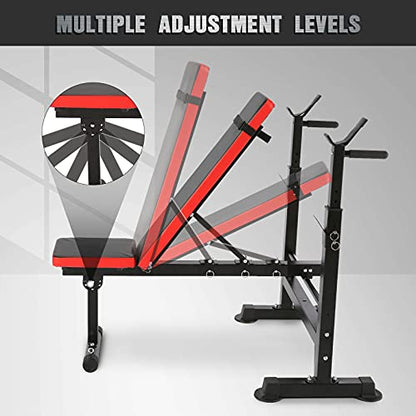 Adjustable Folding Weight Bench,Strength Training Bench for Full Body Workout,Fitness Barbell Rack and Weight Bench for Home Gym (Red)