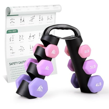 LIONSCOOL Set of 2 Neoprene Coated Dumbbell Hand Weights, Anti-Slip and Anti-Roll Hex Dumbbells in Pair for Strength Training, Resistance Training - style: 18lb, set of 6 with stand (Lilac Fantasy)
