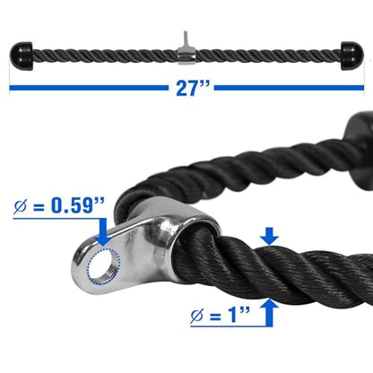 Yes4All Deluxe Tricep Rope Cable Attachment, 27 & 36 inch with 4 Colors, Exercise Machine Attachments Pulley System Gym Pull Down Rope with Carabiner - color: A. 27" Black