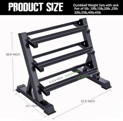 Hex Dumbbell Set with Rack - Rubber Coated Weight Set Pairs, 3-Tier Storage Rack for Home Gym Fitness Equipment 250/350/450/550 lbs - size: 450 lbs with rack