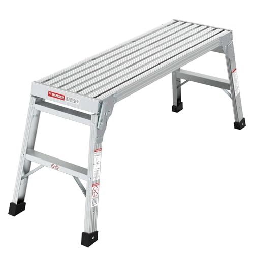 Folding Aluminum Work Platform & Heavy Duty Platform Step Ladder for Home, Portable Aluminum Step Stool & Aluminum Bench with Non-Slip Rubber Feet,225lbs (with No-Telescopic Legs)
