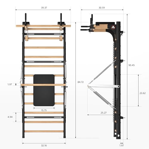 Swedish Ladder Pro, Wood Stall Bar with Push-Through Bar, Adjustable Pull-Up Dip Bar for Adults and Kids, Accessories Bundle, Spring, for Home, School, Physical Therapy and Gymnastics - size: 40"x90“x3"