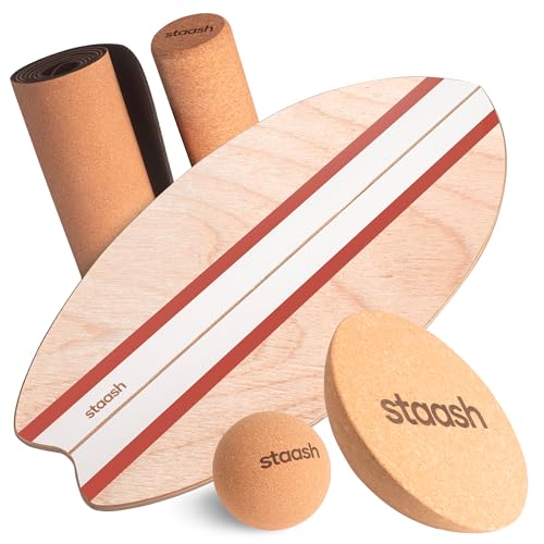 STAASH® Balance Board Full Kit – Premium Birch Wood Trainer with Cork Roller, Balance Disc, Massage Ball & Anti-Slip Mat – Core Strength, Surf, Snowboard & Rehab Training – All-In-One Set