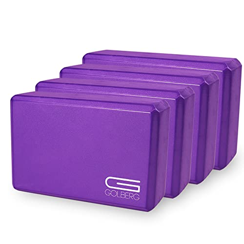 Golberg Foam Yoga Block – For Fitness, High Intensity Support and Improving Strength or Flexibility Pink/Green/Dark Green/Purple/Blue – 1/2/4 Pack - color: 4 Pack - Purple
