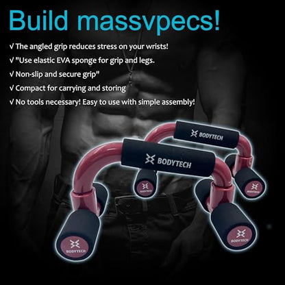 BODYTECH Push up Bars Strength Training with Foam Grip & Non-Slip handling. Load Capacity 220 lbs Wine Red Color