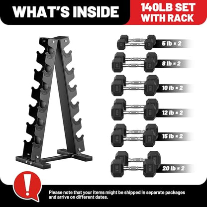 PAPABABE Dumbbell Set Rubber Encased Hex Dumbbell Free Weights Dumbbells Set Home Weight Set- 140 lb Set (Pair of 5, 8, 10, 12, 15, 20 lb with Rack)