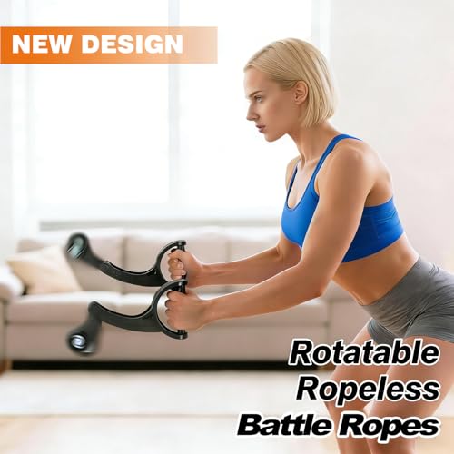 Cordless Battle Rope, Ropeless Battle Ropes for Home Gym, No Anchor Required, Quiet Tangle-Free Rotational Design for HIIT & Strength Training, Includes Workout Gloves for Men & Women