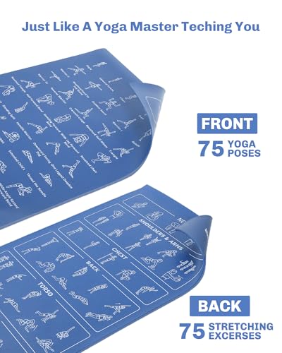 Instructional Travel Yoga Mat with 75 Asanas Poses & Exercises - Exercise Mat for Home Workout, Includes Carrying Bag, 68"x24"x0.25" - color: Blue
