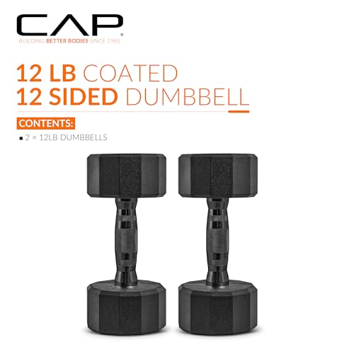 CAP Rubber Coated Dumbbell Weights, Free Weights for Home Gym Strength Training, Anti-Roll Hex Dumbbells with Black, Chrome & Comfort Grip Handles, Pairs & Sets - size: 12 lb - Pair, style: 12-Sided - Black Handle