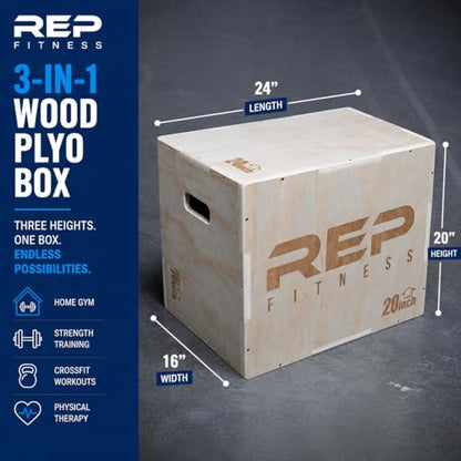Rep Plyometric Wood Jump Box | CrossFit & Strength Training | 12 to 30" Range of Wooden Step Platforms | Gym & Sports Workouts | Fitness, Exercise, Physical Therapy Equipment | Pro Conditioning Tool - size: Medium, 24" x 20" x 16"
