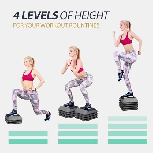 F2C Aerobic Step Exercise Platform Stepper with 4 Risers 16" x 16", Adjustable Height 4"-6''-8''-10''-12" Home Gym Workout Equipment, Fitness Exercise Equipment, Workout Stair Stepper