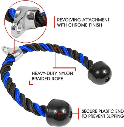 Yes4All Deluxe Tricep Rope Cable Attachment, 27 & 36 inch with 4 Colors, Exercise Machine Attachments Pulley System Gym Pull Down Rope with Carabiner - color: H. 36" Blue Black