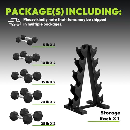 HANDBODE Rubber Coated Hex Dumbbell Set with A-Frame Rack, 100 lb - 600 lb Multiple Options Weight, Hexagon Non-Rolling Shape, Ergonomic Knurled Handle, Home Gym Equipment for Strength Training