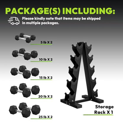 HANDBODE Rubber Coated Hex Dumbbell Set with A-Frame Rack, 100 lb - 600 lb Multiple Options Weight, Hexagon Non-Rolling Shape, Ergonomic Knurled Handle, Home Gym Equipment for Strength Training