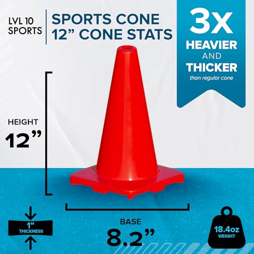 LVL10 Pro Training Cones - 12" Large Soccer Cones for Sports Training - for Basketball, Football, Basketball and Agility Drills - Soccer Field Markers that Won't Crack, Slide or Fly - style: 6 cones