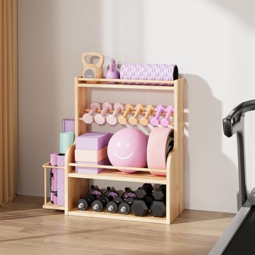 APRTAT Bamboo Dumbbell Rack, Adjustable Weight Rack for Home Gym, All-in-One Workout Equipment Storage for Dumbbells, Kettlebells, Yoga Mats & Balls