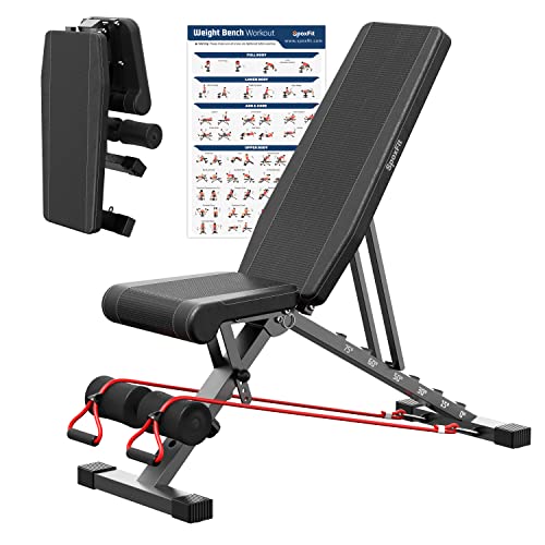 Adjustable Weight Bench, Full Body Workout Bench for Home Gym, Multi-Purpose Small Lightweight Bench with Workout Poster & Resistance Bands, Folding Weight Bench Super Easy Assembly