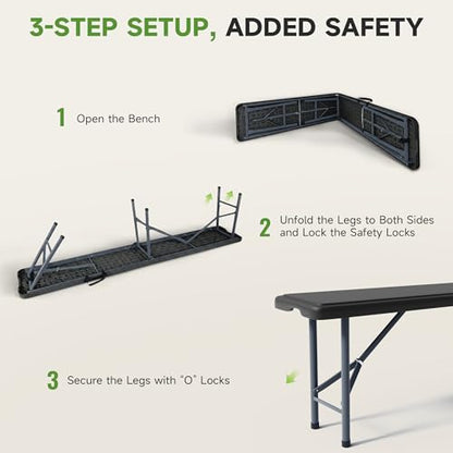 6FT Folding Bench - Safety Lock Button, 770lbs Heavy Duty Capacity with Wider Carrying Handle, Foldable Portable Bench for Outdoor, Picnic, Storage and Camping - Black, 1 Pack