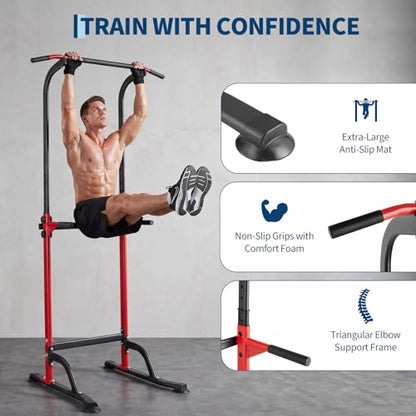 Power Tower Home Gym Strength Training Station Adjustable 10 Height Levels, Heavy-Duty Chin-Up Tower with Parallel Dip Handles, Bodyweight Workout Equipment for Pull-Ups, Dips, Knee Raises, Push-Ups, 330 Lb Capacity