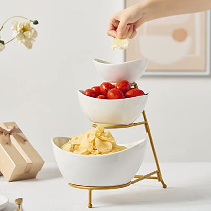 3 Tiered Oval Serving Bowl with Collapsible Metal Rack, Chip and Dip Serving Set, Dessert Appetizer Bowl Set (45oz / 17.5oz / 7oz), White Serving Bowls For Entertaining (Gold Stand)