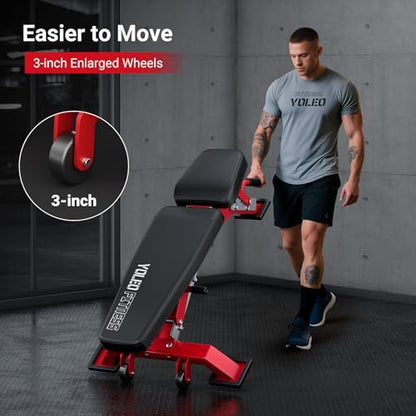 YOLEO Commercial Adjustable Weight Bench 2315LB ASTM Certified – 80% Pre-Assembled Heavy Duty Workout Bench for Home Gym, Decline/Flat/Incline Bench Press, 2.4" Thick Pad & 2 Wheels - color: Weight Bench + 2 Dumbbells