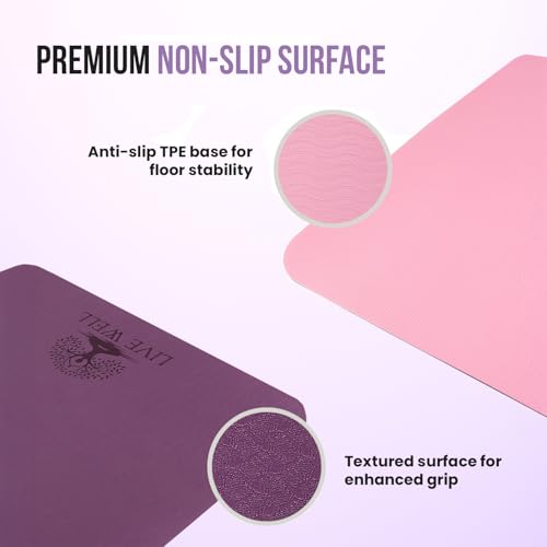 Live Well TPE Yoga Mat Women – Non-Slip Exercise Mat with Strap, Extra Thick 6mm Pink Yoga Mat for Home Workout and Outdoor Use