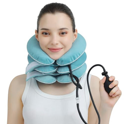 S Cervical Neck Traction Device for Neck Pain Relief - Inflatable Neck Stretcher Traction Collar for Neck Decompression - Best Home Use Neck Brace Pump (Blue Plush) - color: P. Blue