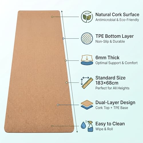 Cork Yoga Mat 6mm Extra Thick Cushioning High Density Natural Rubber Exercise Pad 72 x 24 Inch for Home Gym
