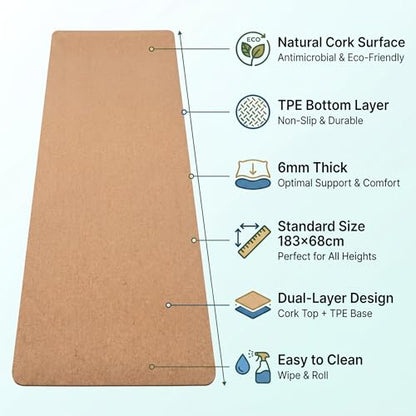 Cork Yoga Mat 6mm Extra Thick Cushioning High Density Natural Rubber Exercise Pad 72 x 24 Inch for Home Gym