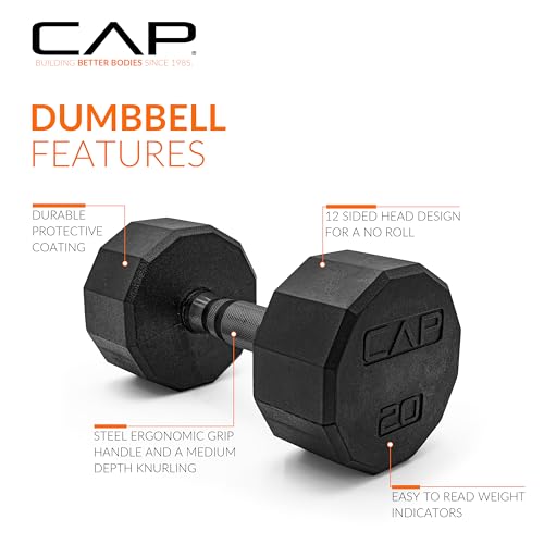 CAP Rubber Coated Dumbbell Weights, Free Weights for Home Gym Strength Training, Anti-Roll Hex Dumbbells with Black, Chrome & Comfort Grip Handles, Pairs & Sets - size: 20 lb - Pair, style: 12-Sided - Black Handle