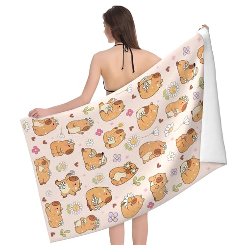 Capybara Beach Towel, Microfiber Oversized Beach Towel, Lightweight Quick Dry Sandproof Towels 51”x31.5” for Swim Pool Yoga Gym Camping Beach Essentials Accessories (Daisy Capybara)