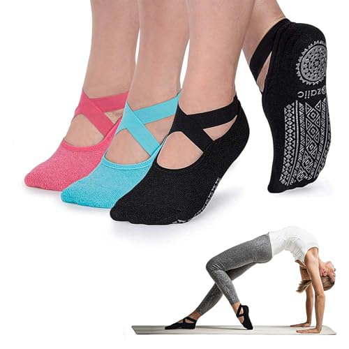 Ozaiic Pilates Socks for Women Non Slip Grip Yoga Barefoot Indoor Workout - color: 3 Pairs-black/ Watermelon Red/ Blue