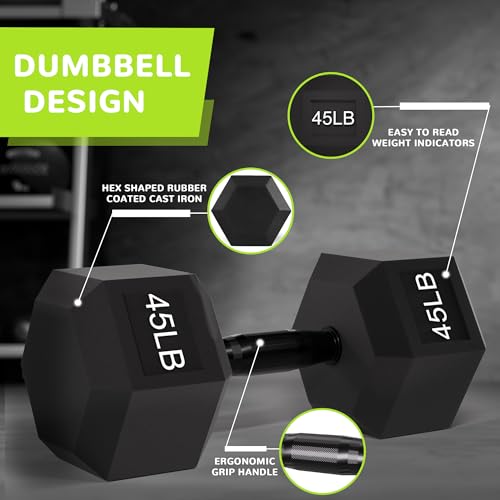 Fitvids Rubber Encased Exercise & Fitness Hex Dumbbell, Hand Weights with Anti-Slip Metal Handle for Home Gym, Multiple Sizes - style: 45LB Single