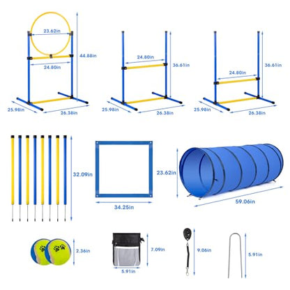 Dog Agility Course Backyard Set，Dog Agility Equipment, Dog Obstacle Course Backyard With 2-Set Agility Hurdle ，Jump Ring, 8 Weave Poles, Tunnel, Pause Box, Toy Balls And 2 Portable Carrying Bags - size: 10 PCS SET
