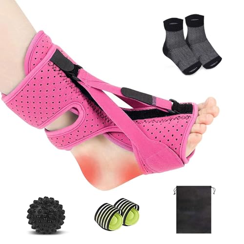 Plantar Fasciitis Night Splint with Massage Ball, Arch Pads & Socks, Adjustable Foot Brace for Achilles Tendonitis, Heel Spur, Foot Drop Relief – Lightweight Night Splint for Men and Women - color: Pink