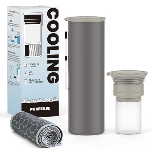 COOLING STATION 3-in-1 Portable Kit: Insulated Stainless Steel Bottle with Reusable Ice Bag & Cooling Towel. Long-Lasting Cold Relief for Daily Commute, Gym, Sports & Outdoor Travel. (gray) - color: Gray