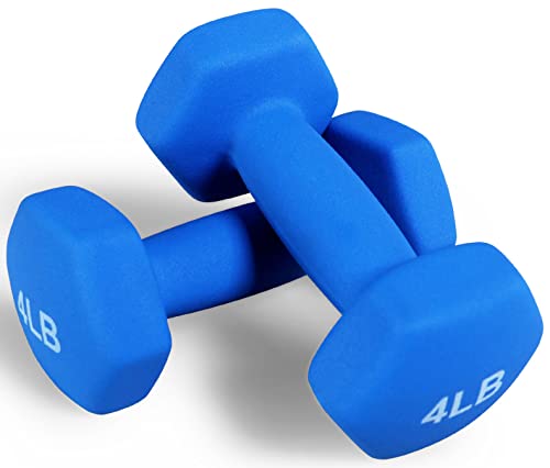 Fitvids Neoprene Dumbbell Hand Weights, Anti-Slip, Anti-roll, Hex Shape Colorful, Pair or Set with Stand - style: (4-Pound, Pair)