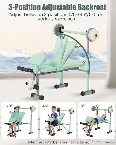 Kids Workout Equipment, Adjustable Kids Workout Bench with Preacher Pad & Leg Developer, Fillable Weight Plates for Home Gym Fitness & Exercise